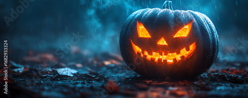 A glowing jack-o'-lantern amidst autumn leaves, capturing the spirit of Halloween with a spooky atmosphere.