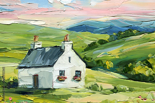 white cottage in green rolling hills impasto oil painting countryside landscape textured canvas rural summer meadow wall art decor