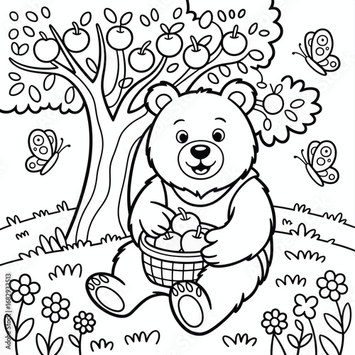 Cartoon bear with basket of apples under apple tree animal cute