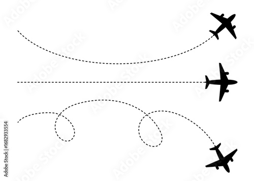 Airplane with dotted line route. Vector illustration. Flying plane with twisted, curved and straight dashed path.