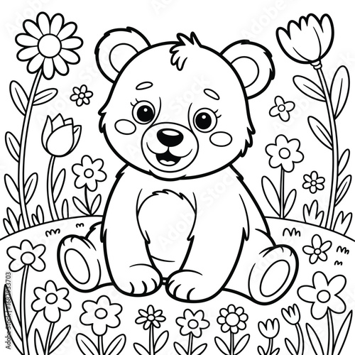 Cheerful cartoon bear sitting in a flower meadow coloring page teddy bear animal