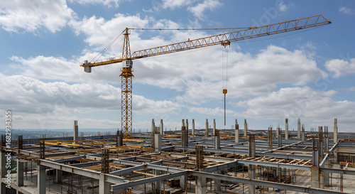 A construction site featuring steel frameworks and a crane set against a warm golden sunset. Represents industrial progress, building development, infrastructure projects, engineering, and the beauty 