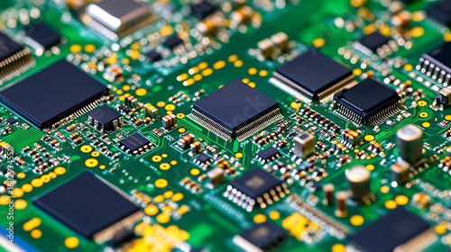 Close-up of a Green Circuit Board with Integrated Circuits and Components