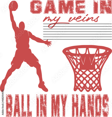 Red basketball player dunking near the hoop text graphic Art & Illustration