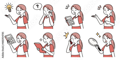Young Woman Face Icons – Diverse Expressions, Clean Vector Style. Facial Expression Icon Set – Young Woman with Long Hair in Minimal Style