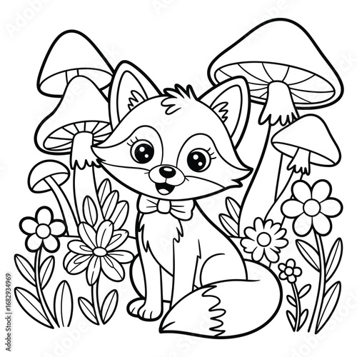 Cute cartoon fox sitting among mushrooms and flowers coloring page animal drawing