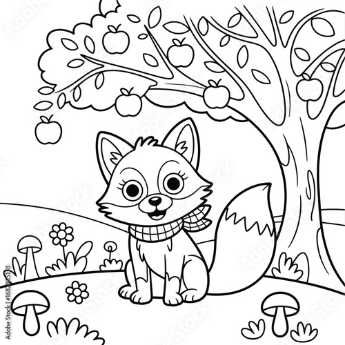 Cute cartoon fox sitting under an apple tree in black and white animal illustration