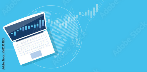 Global Stock Market Trading Laptop Vector illustration