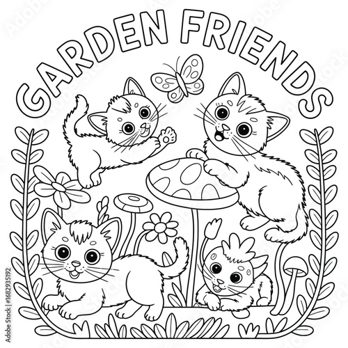 Cute cartoon kittens playing in a garden with flowers and mushrooms animal