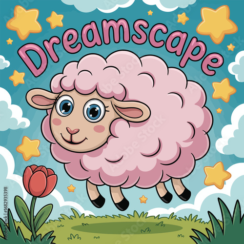 Cute pink cartoon sheep floating in a dreamscape with stars and clouds pink sheep