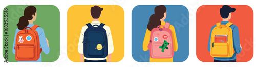 Teenagers stands with their backs with a backpack. Backpacks with various accessories, toys, patches and books. School vector concept.