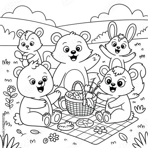 Happy cartoon animals having a picnic in a grassy field outline cute basket