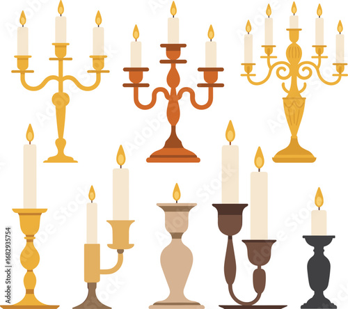 Candle holder cartoon set, lit candles collection, ornate and simple designs, gold and bronze styles, decorative lighting icons, vintage decor, ceremonial ambiance