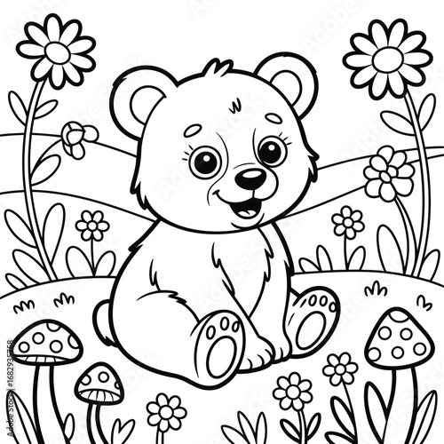 Happy cartoon bear cub sitting in a sunny meadow with flowers and mushrooms animal