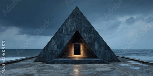 Dark triangular structure on a coastal pier