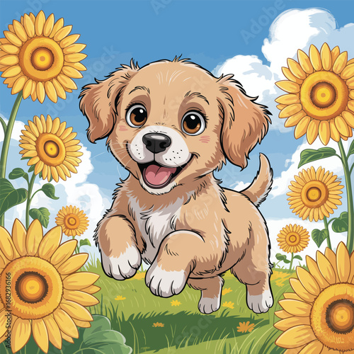 Happy puppy running through a field of sunflowers on a sunny day golden retriever