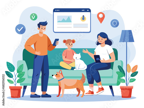 Modern family connects digitally while relaxing at home with pets and plants