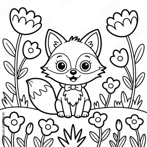 Smiling cartoon fox wearing a bow tie surrounded by flowers cute animal