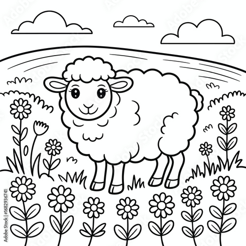 Smiling cartoon sheep in a field of flowers coloring page animal farm animal