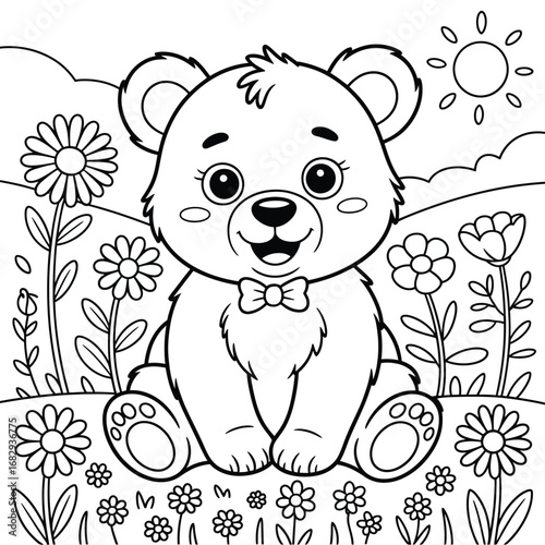Smiling teddy bear with bow tie in flower field line art animal cute