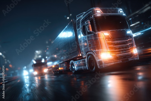 Futuristic, transparent truck on a city road at night