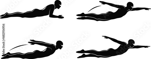 Swimming, silhouette, athlete, stroke, motion, technique, freestyle, butterfly, pool, water, black, white, vector, illustration, training, exercise, sport, posture,