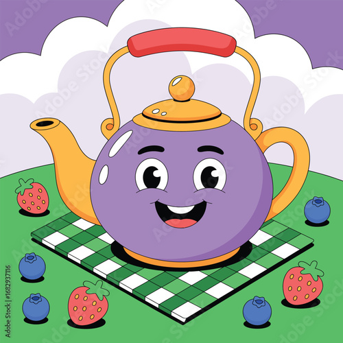 Whimsical purple teapot with happy face surrounded by berries and picnic blanket kettle