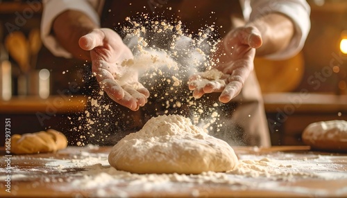 Baker Sprinkling Flour Over Dough in Slow Motion