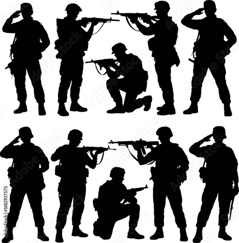 Silhouettes of soldiers and military musicians vector illustration