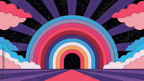 Psychedelic rainbow archway with starry night sky and clouds abstract blue