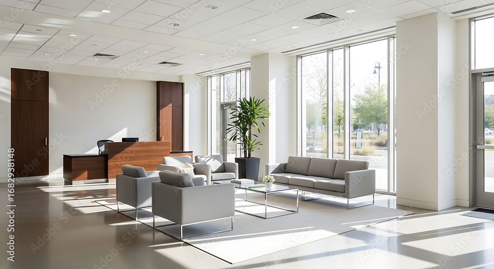 Fototapeta premium Bright Corporate Reception Area with Minimalist Furniture and Lighting