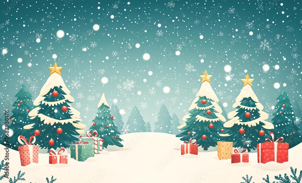 Obraz premium Snowy Christmas Forest with Decorated Trees and Gifts. 