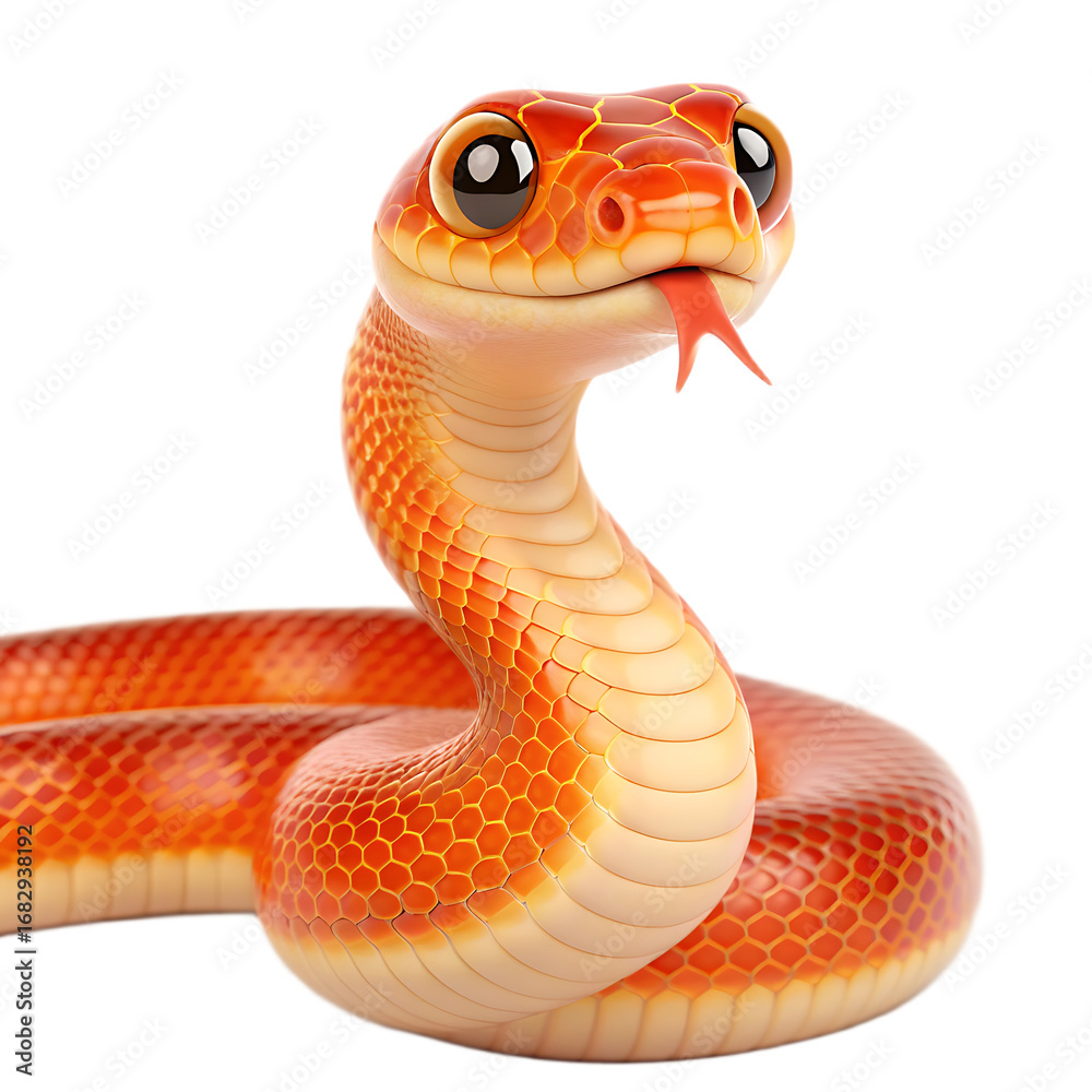 Fototapeta premium A cartoon orange snake with big eyes and a red tongue sticking out on a black background closeup view