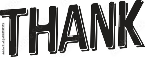 Black and White Thank You Illustration with Bold Outlines and Unique Lettering Style