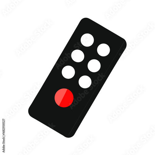 Black remote control with red and white buttons vector on white background.