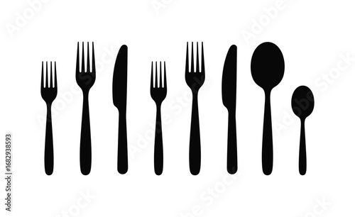 WebModern silhouette of assorted cutlery including forks knives and spoons creating a clean and elegant dining presentation for culinary concepts
