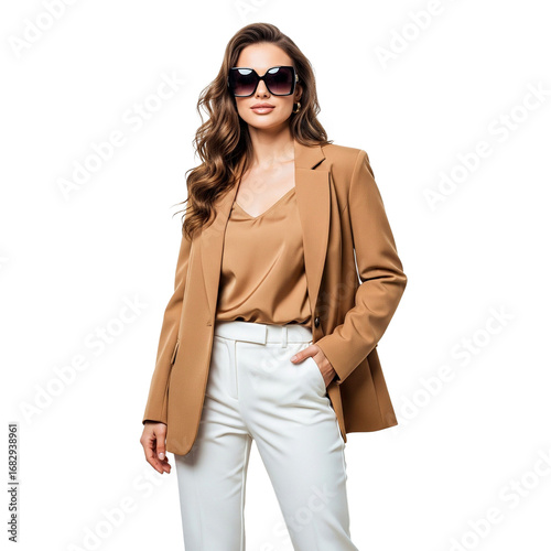 fashion model posing in sunglasses isolated on white