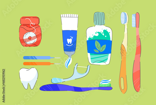 Set of mouth cleaning tools: teeth, toothbrushes, toothpaste, dental floss, mouthwash. Dental hygiene and oral care concept. Hand-drawn vector dental care set, icons, and doodles for healthy teeth