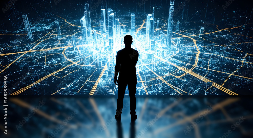 Obraz premium Silhouette of Person Facing Futuristic Cityscape.