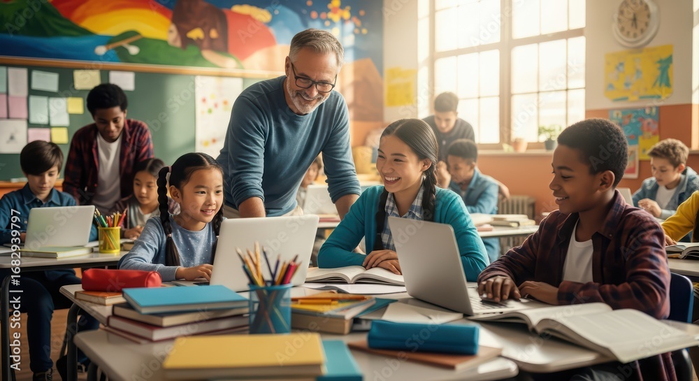 Obraz premium Teacher helping two smiling asian and african american kids with laptop use. Progressive school learning, modern education concept.