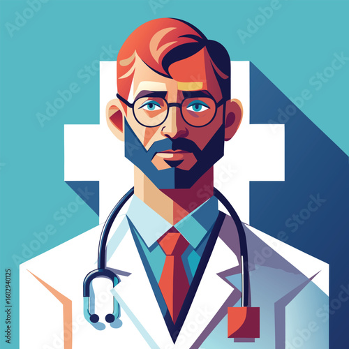 Bearded doctor wearing glasses and stethoscope medical healthcare