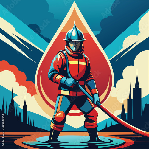 Brave firefighter holding hose against dramatic sky helmet uniform