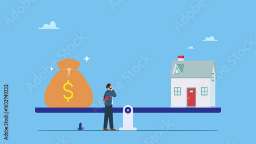 Businessman think between pay off mortgage and invest for profit. Decision between pay off mortgage or invest in stock market, most benefit or profit, financial decision, option to choose.