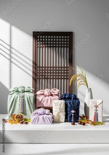 보자기 추석 선물세트와 한옥 창호 배경