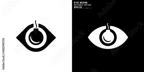 Eye and bomb logo. Vision, seeing, explosion, weapon. Vector icon symbol template EPS 10.