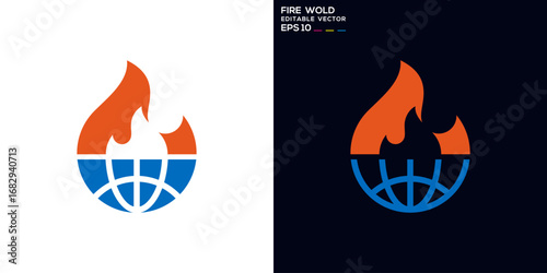 Fire and globe logo. Earth, fire, explosion, heat. Vector icon symbol template EPS 10.