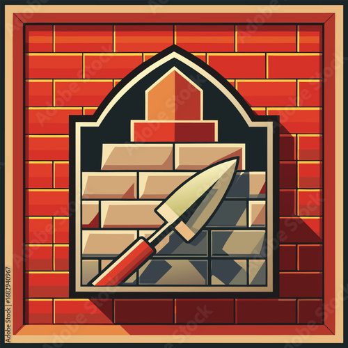 Trowel resting against brick wall construction building