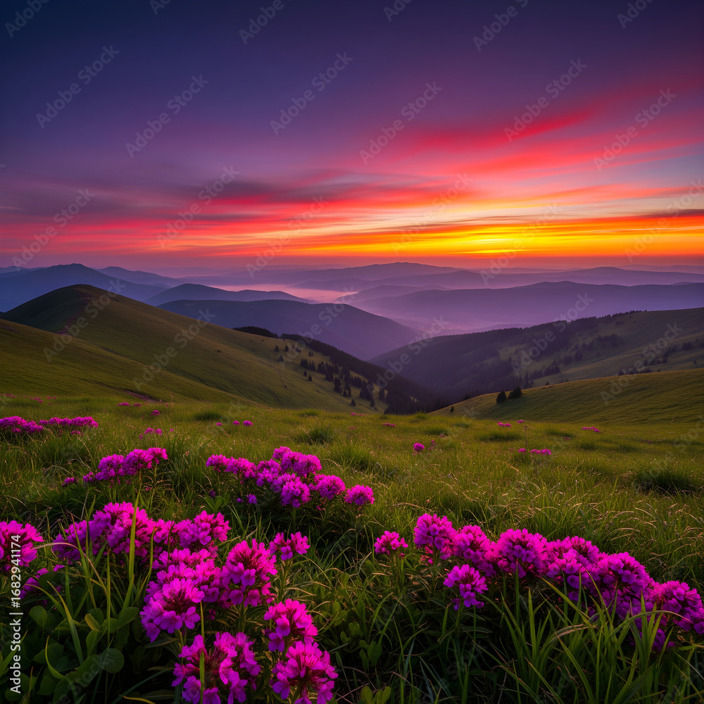 Obraz premium A field of bright pink wildflowers fills the foreground of a vast mountain landscape, with rolling green hills fading into hazy valley a dramatic sunset painting sky in fiery shades of red and orange 