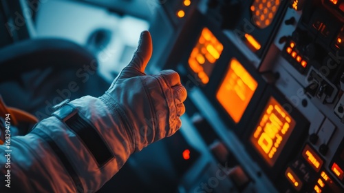Fototapeta Naklejka Na Ścianę i Meble -  Adult man in spacesuit giving thumbs up inside spacecraft at night