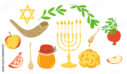Hand drawn vector illustration of Rosh hashanah symbols including shofar, star of David, menorah, honey jar, challah bread, apple, pomegranate and leaves. Concept of jewish new year celebration